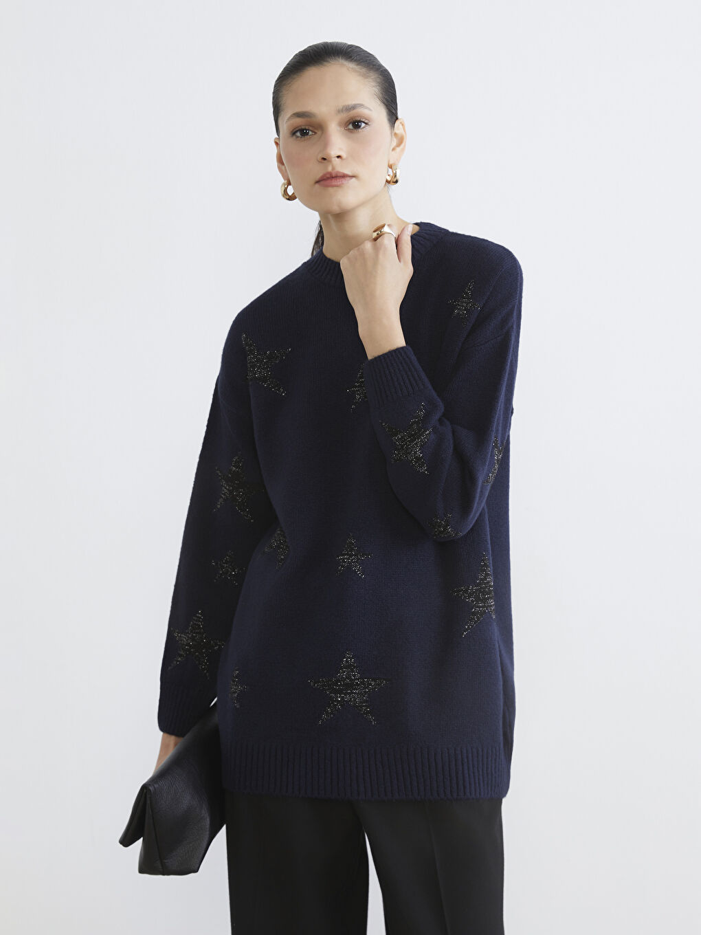 Lacivert Bisiklet Yaka Yıldız Desenli Kadın Triko Tunik