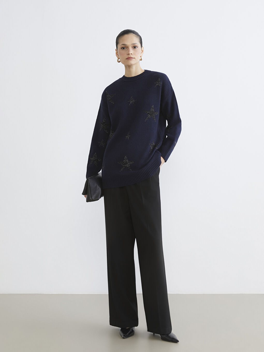 Lacivert Bisiklet Yaka Yıldız Desenli Kadın Triko Tunik-1