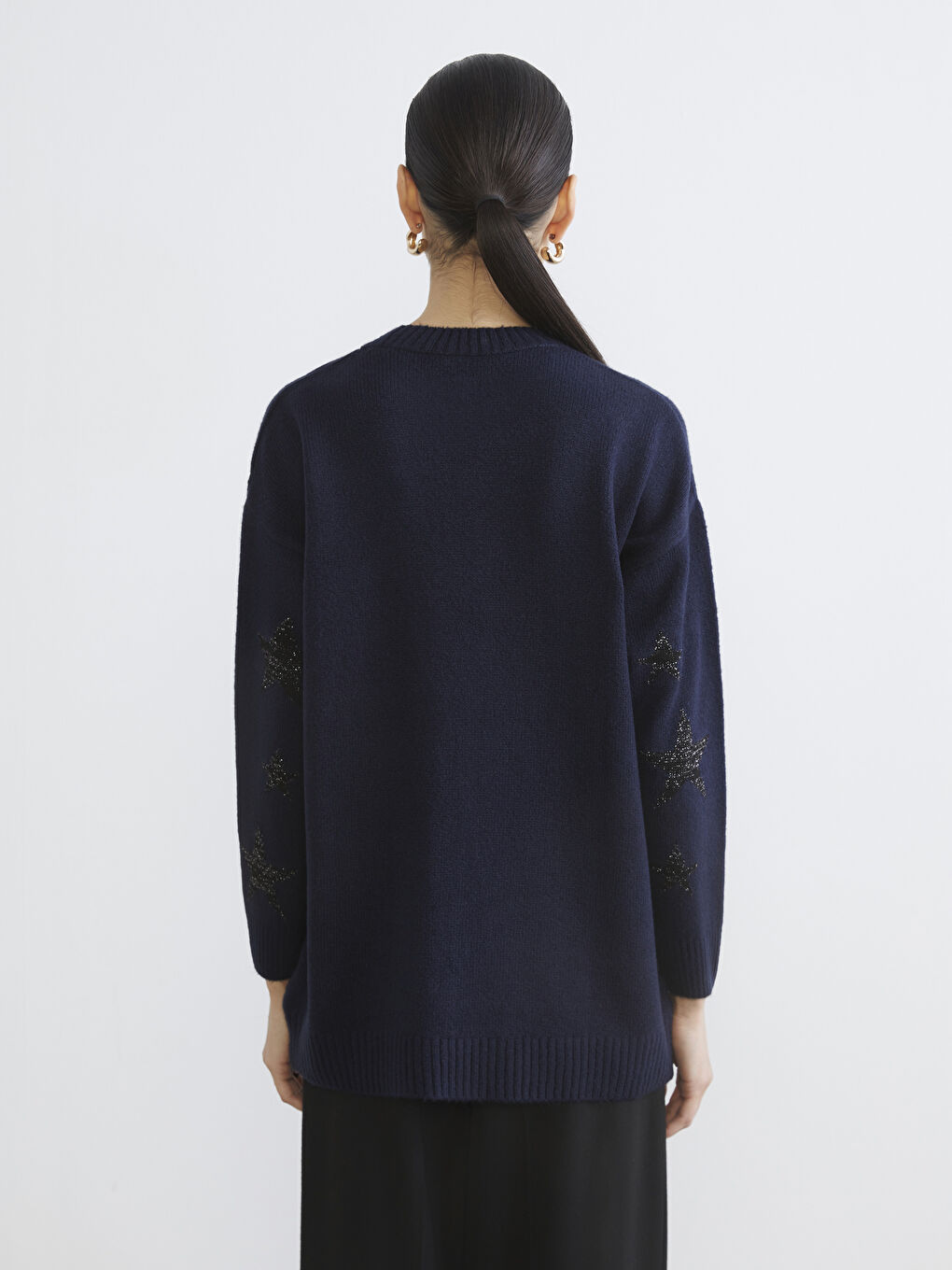 Lacivert Bisiklet Yaka Yıldız Desenli Kadın Triko Tunik-3