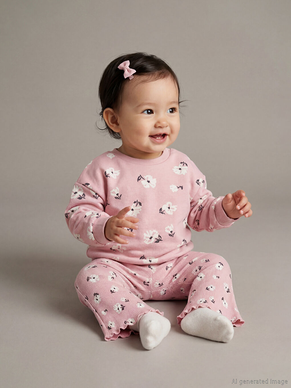 Pembe Bisiklet Yaka Çiçekli Kız Bebek Sweatshirt ve Tayt