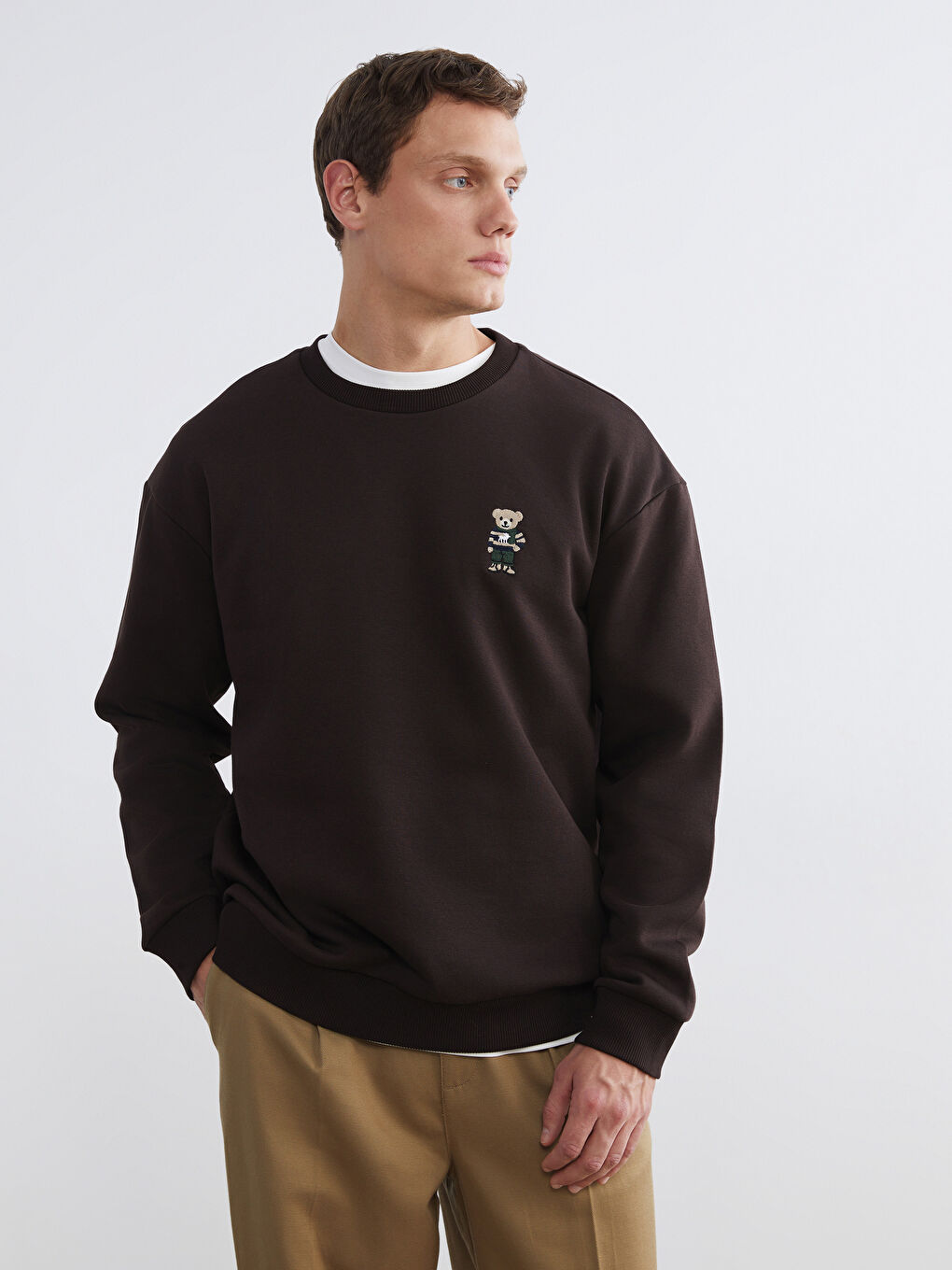 Kahverengi Bisiklet Yaka Ayı Teddy Baskılı Erkek Kalın Sweatshirt