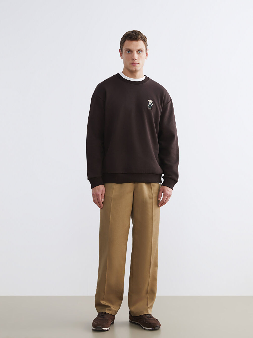 Kahverengi Bisiklet Yaka Ayı Teddy Baskılı Erkek Kalın Sweatshirt-1