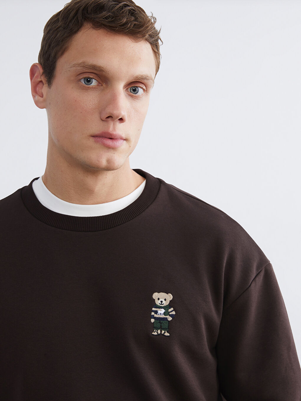 Kahverengi Bisiklet Yaka Ayı Teddy Baskılı Erkek Kalın Sweatshirt-2