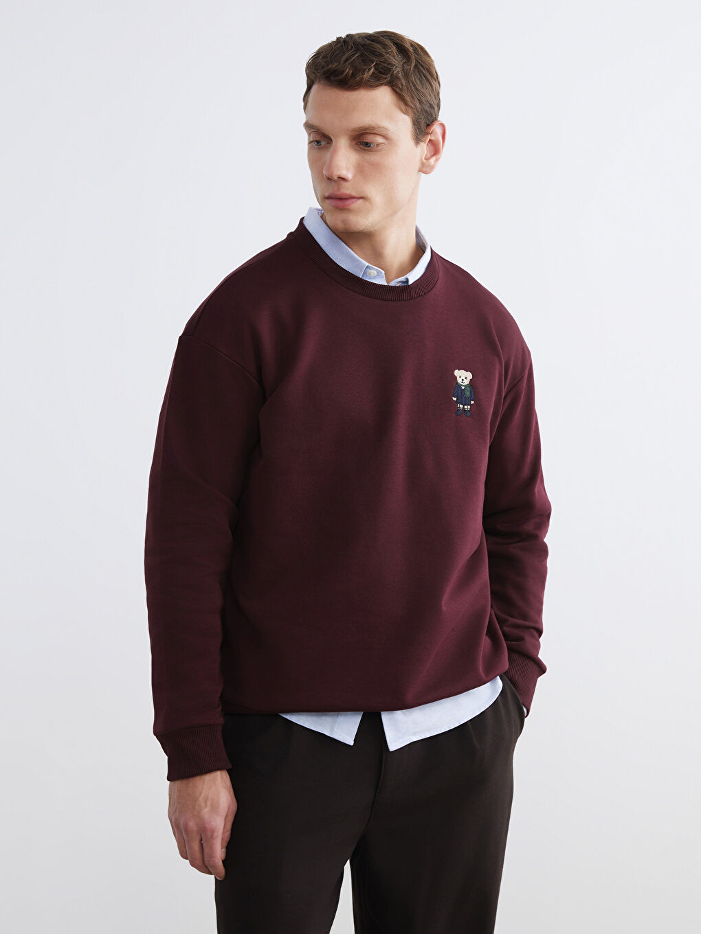 Bordo Bisiklet Yaka Ayı Teddy Baskılı Erkek Kalın Sweatshirt