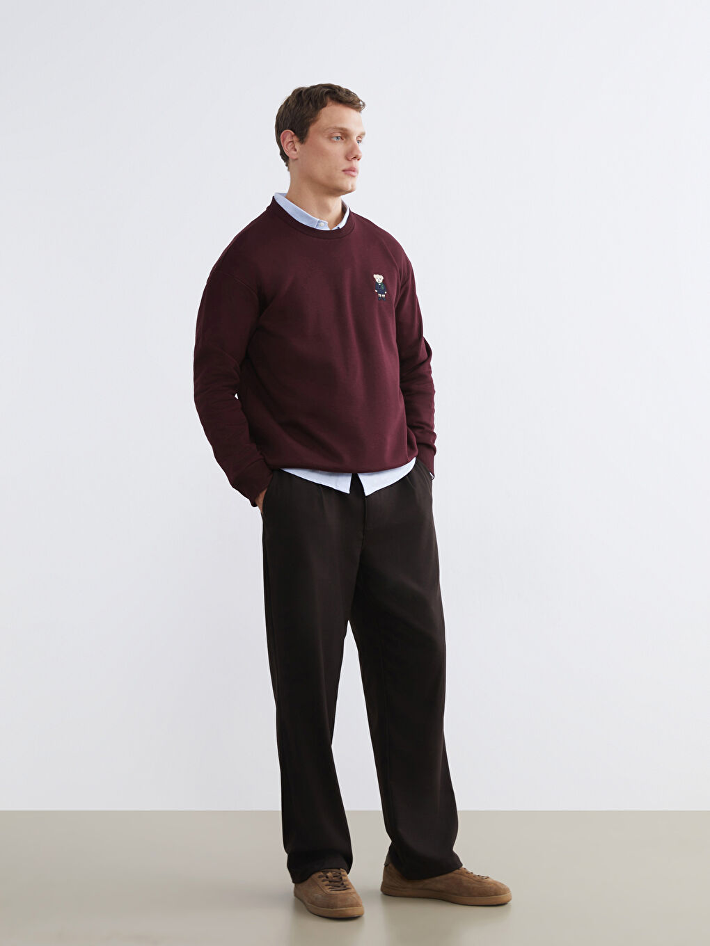 Bordo Bisiklet Yaka Ayı Teddy Baskılı Erkek Kalın Sweatshirt-1