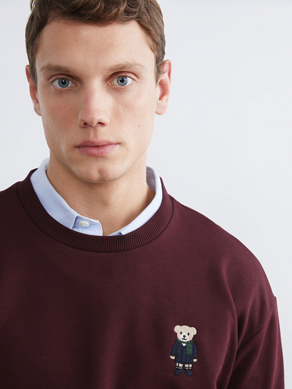 Bordo Bisiklet Yaka Ayı Teddy Baskılı Erkek Kalın Sweatshirt-2