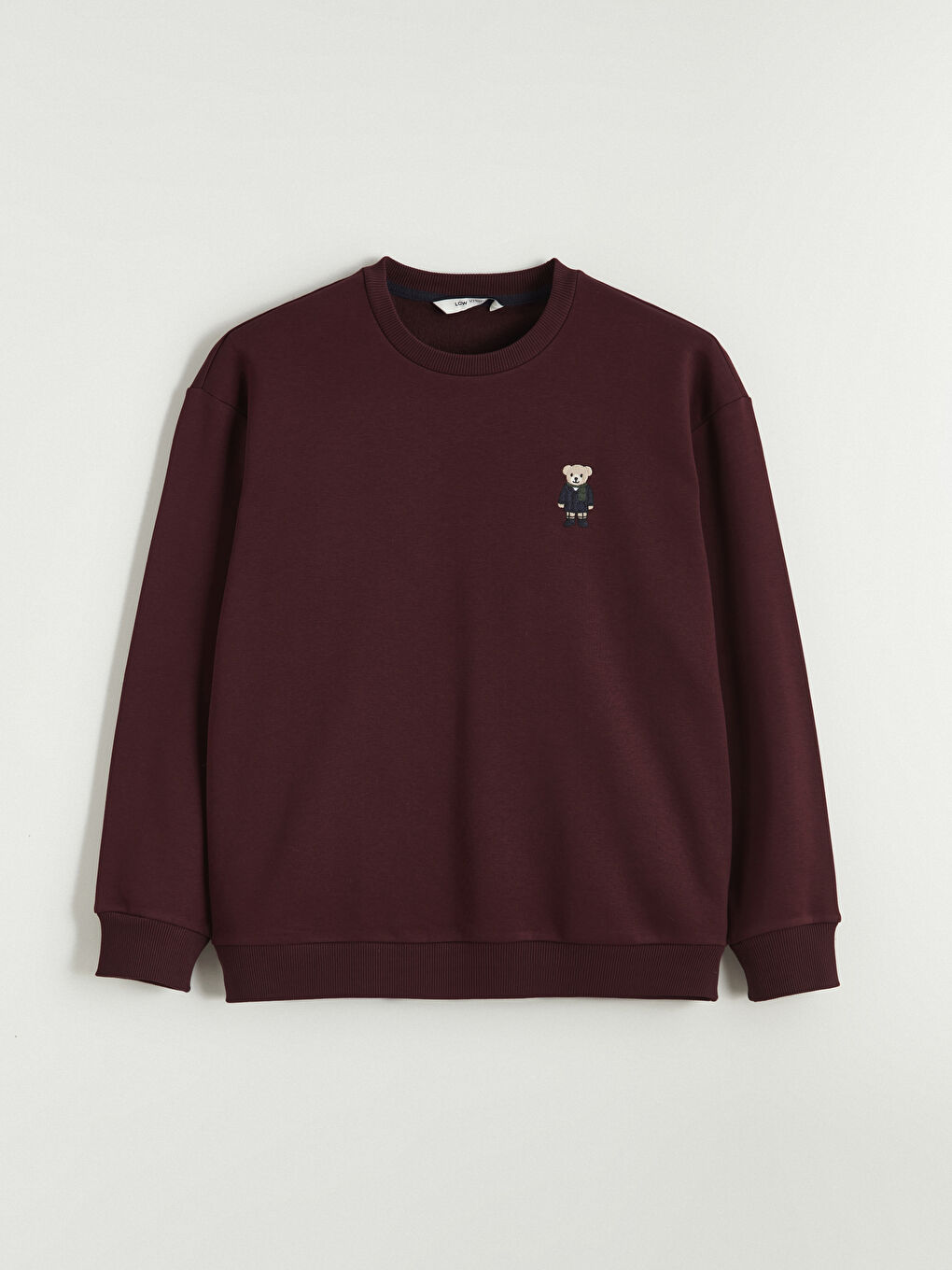 Bordo Bisiklet Yaka Ayı Teddy Baskılı Erkek Kalın Sweatshirt-4
