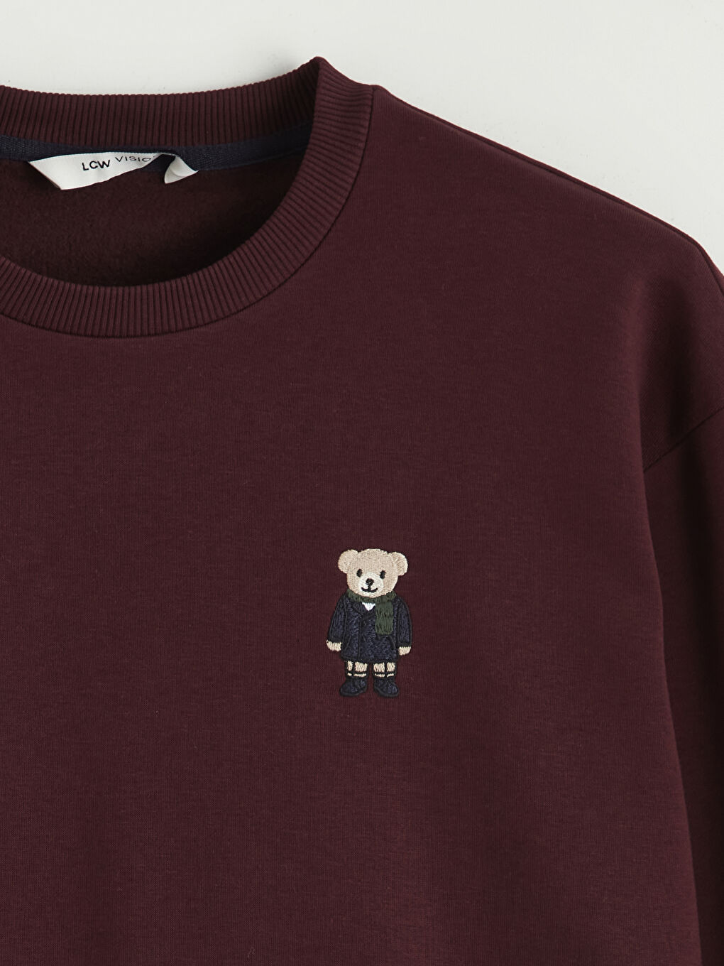 Bordo Bisiklet Yaka Ayı Teddy Baskılı Erkek Kalın Sweatshirt-6
