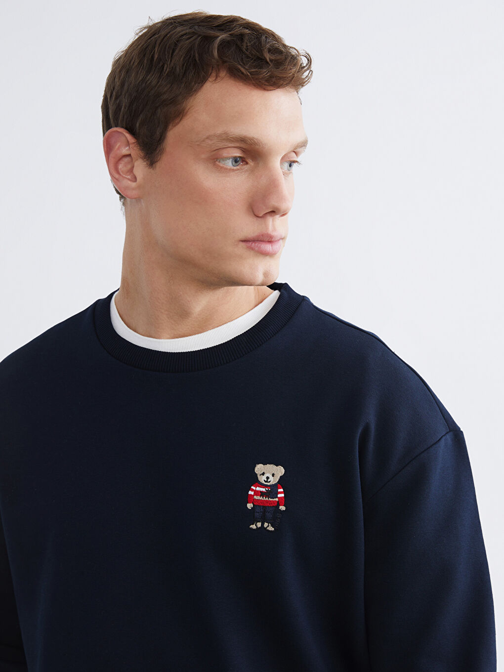 Lacivert Bisiklet Yaka Ayı Teddy Baskılı Erkek Kalın Sweatshirt