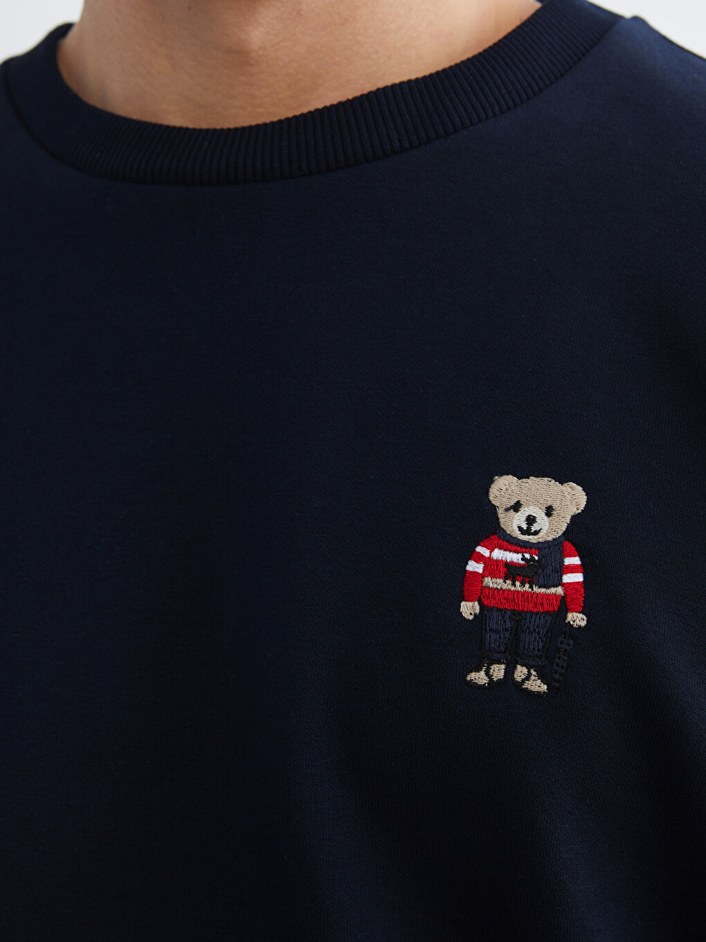 Lacivert Bisiklet Yaka Ayı Teddy Baskılı Erkek Kalın Sweatshirt-2
