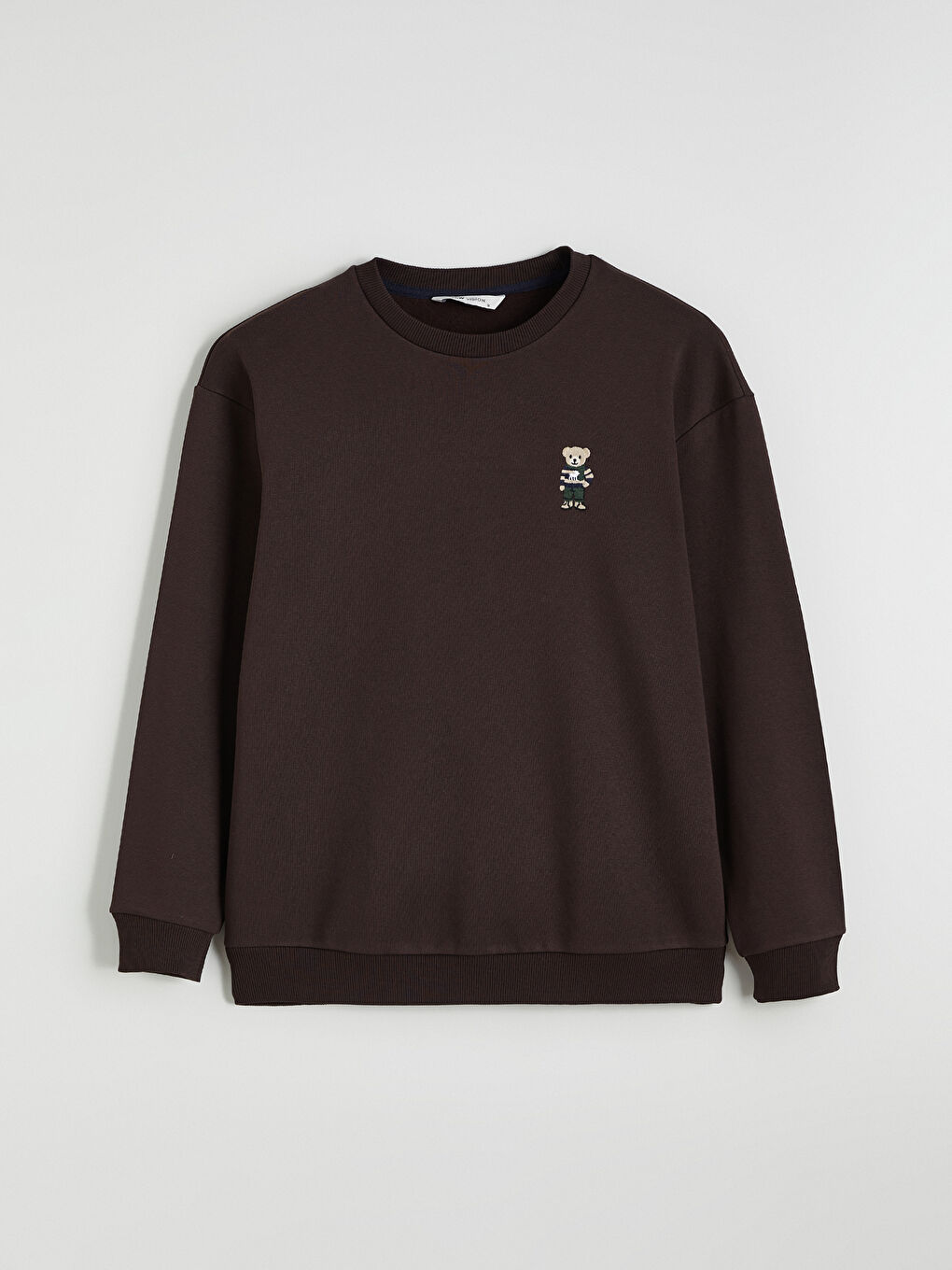 Kahverengi Bisiklet Yaka Ayı Teddy Baskılı Erkek Kalın Sweatshirt-4