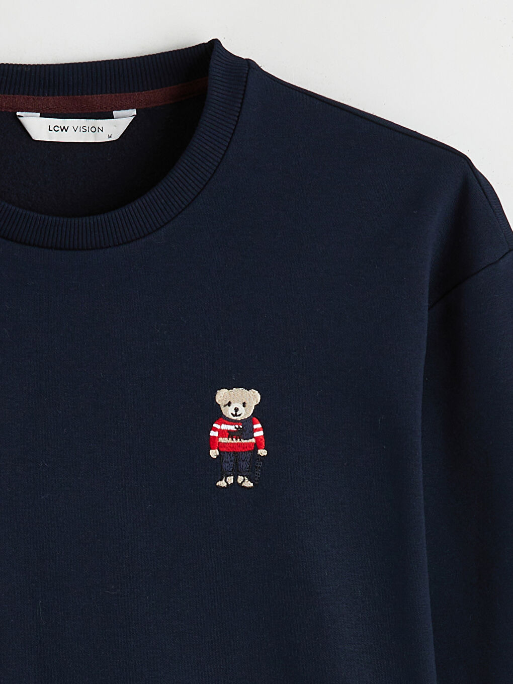 Lacivert Bisiklet Yaka Ayı Teddy Baskılı Erkek Kalın Sweatshirt-5