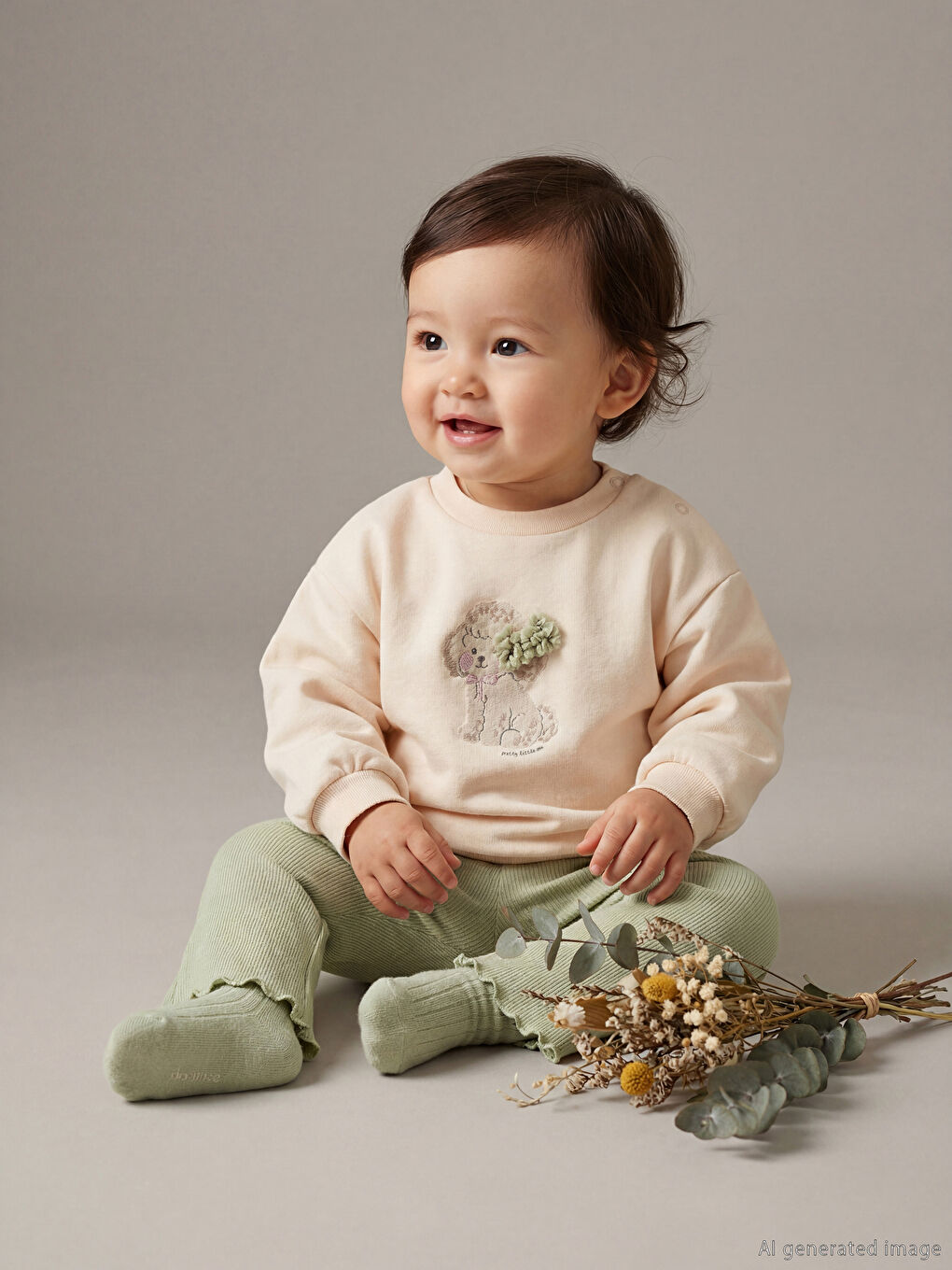 Bej Bisiklet Yaka Baskılı Kız Bebek Sweatshirt ve Tayt