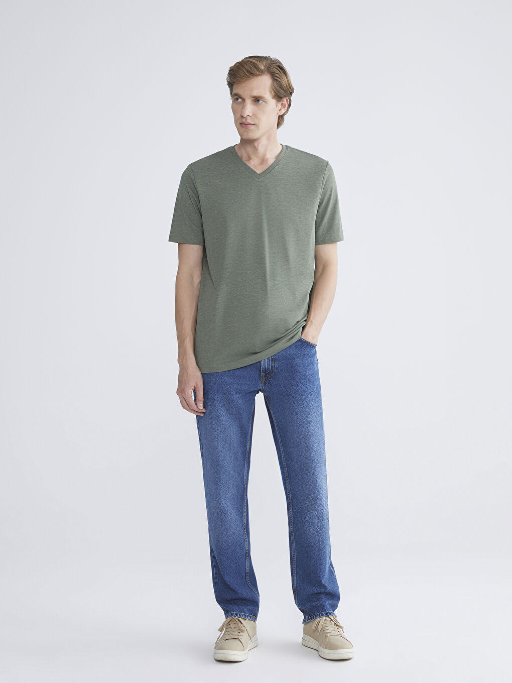 Haki V Yaka Penye Erkek Tişört-1