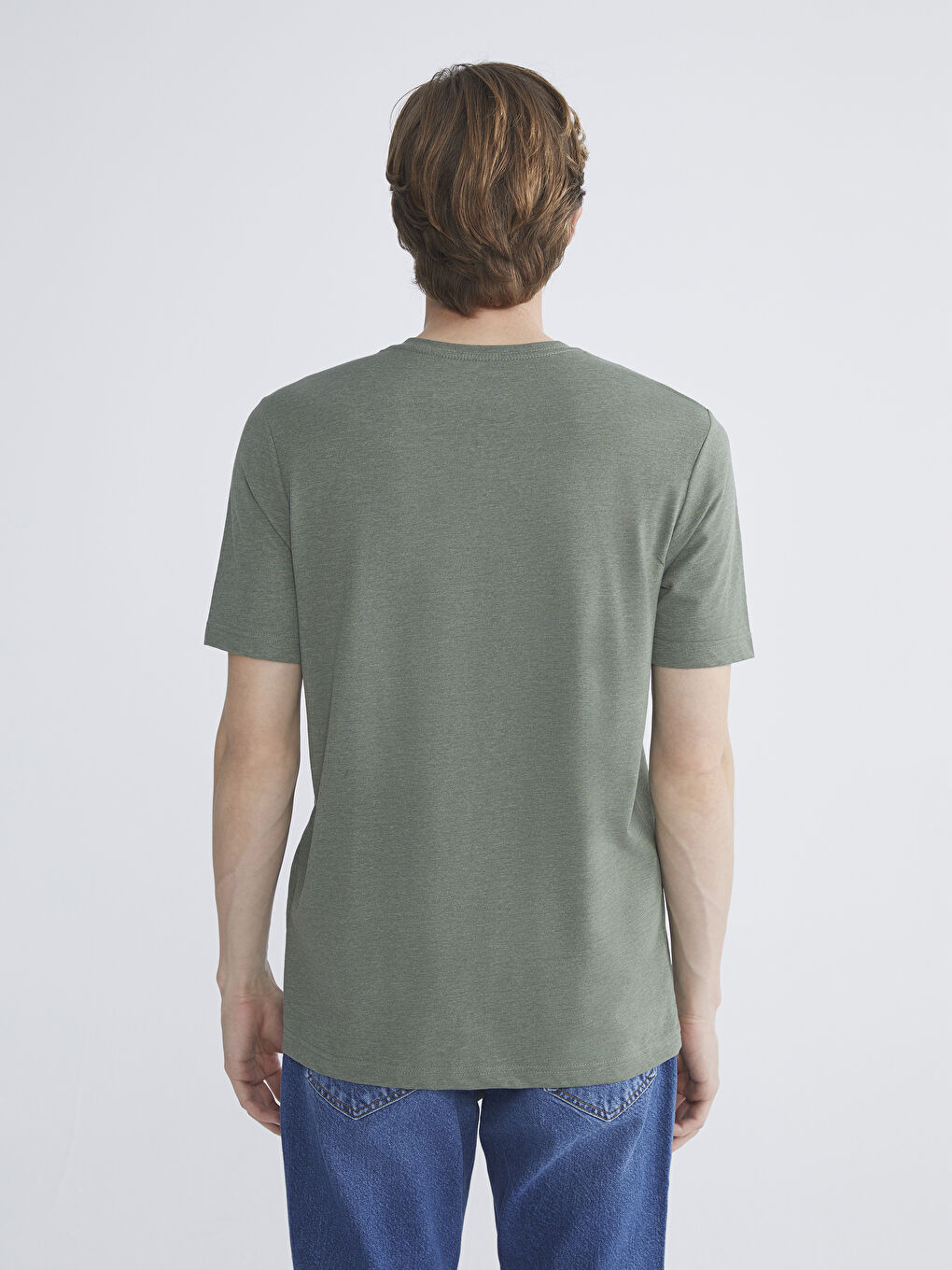 Haki V Yaka Penye Erkek Tişört-3