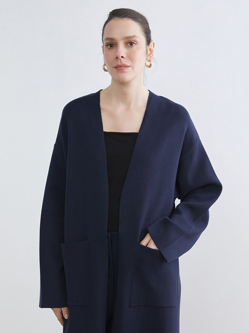 Lacivert Şal Yaka Oversize Kadın Triko Hırka-1