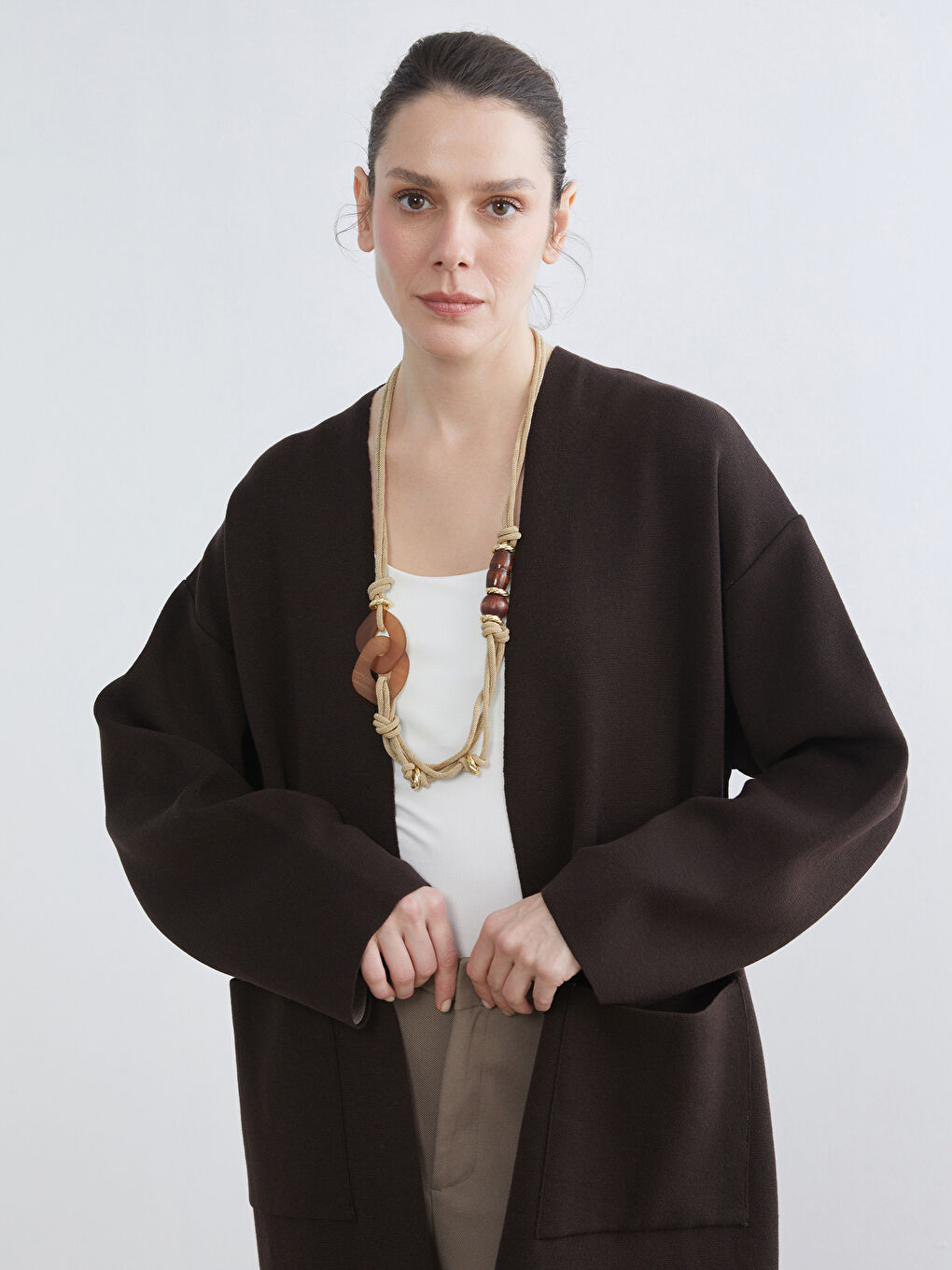 Kahverengi Şal Yaka Oversize Kadın Triko Hırka-1