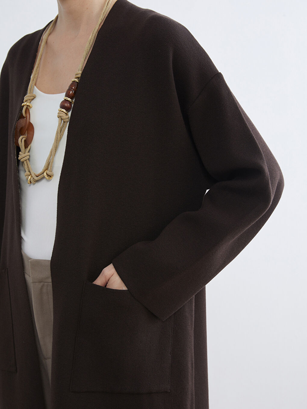 Kahverengi Şal Yaka Oversize Kadın Triko Hırka-2