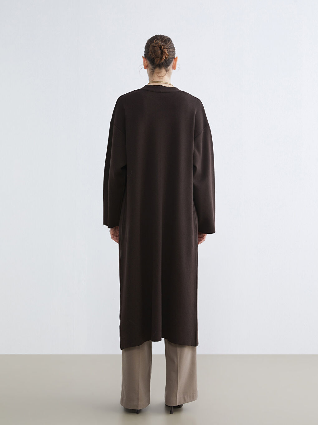 Kahverengi Şal Yaka Oversize Kadın Triko Hırka-3