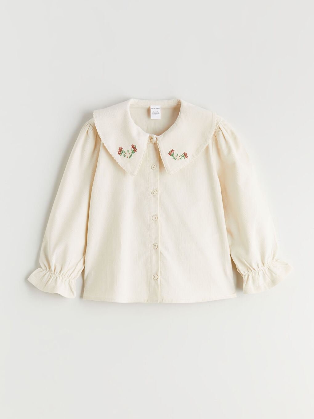 Ekru Bebe Yaka Çiçekli Kadife Kız Çocuk Gömlek-2