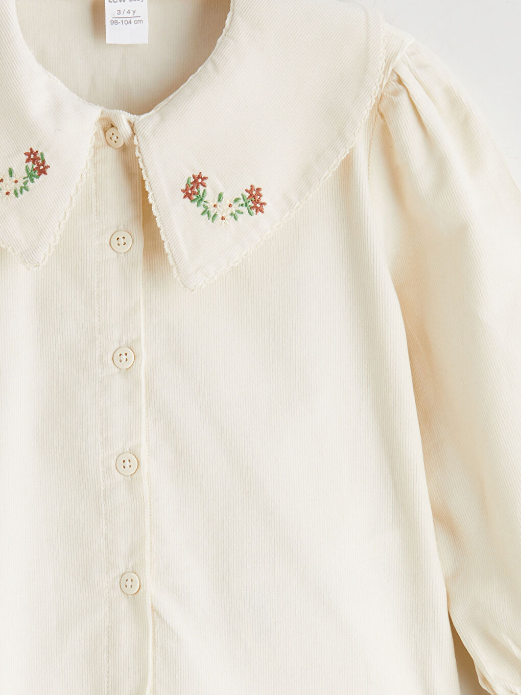 Ekru Bebe Yaka Çiçekli Kadife Kız Çocuk Gömlek-4