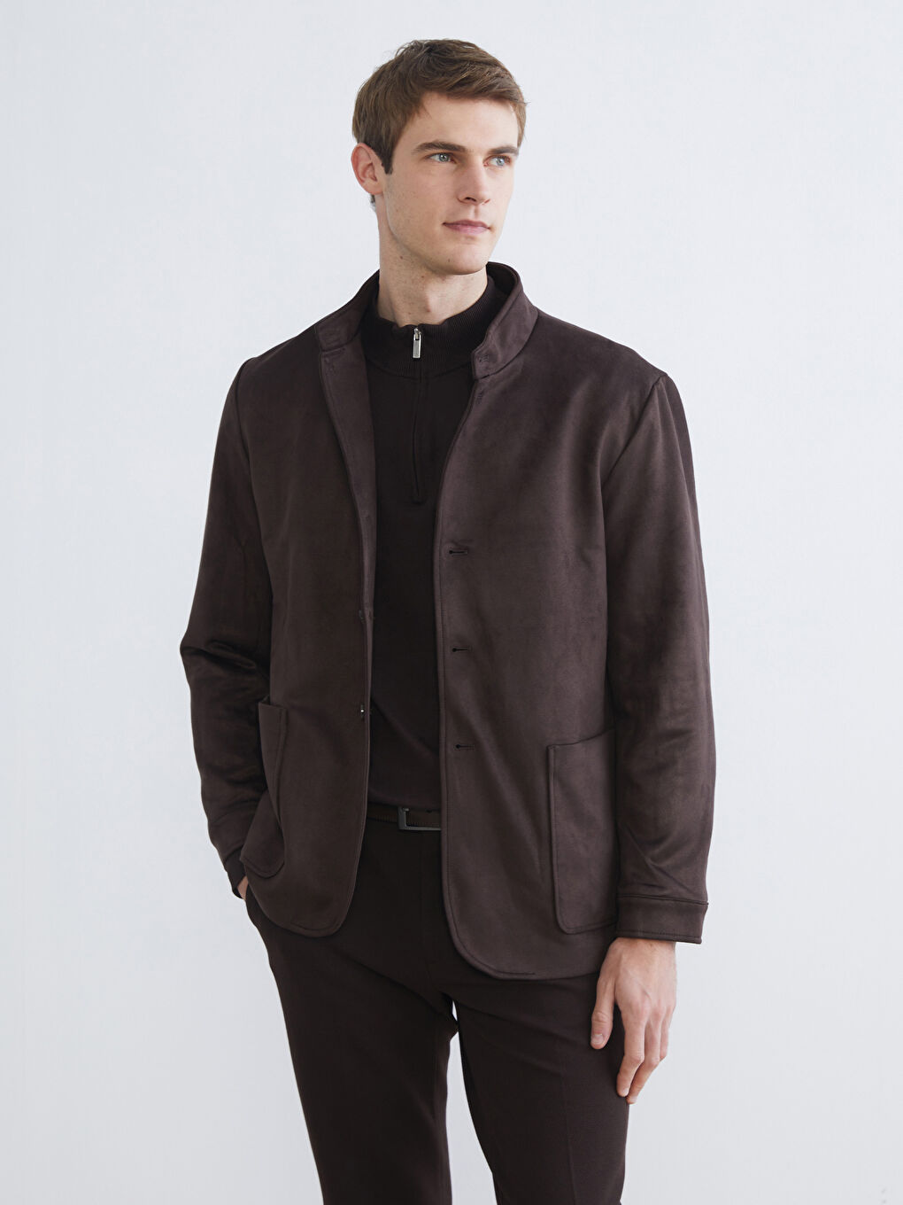 Kahverengi Standart Kalıp Dik Yaka Süet Erkek Mont