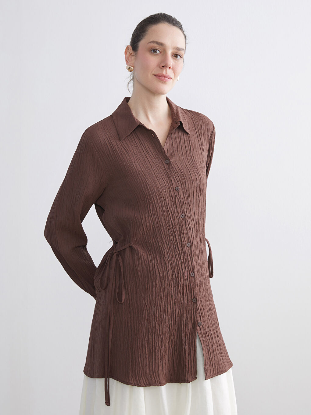 Kahverengi Dokulu Kadın Gömlek Tunik-1