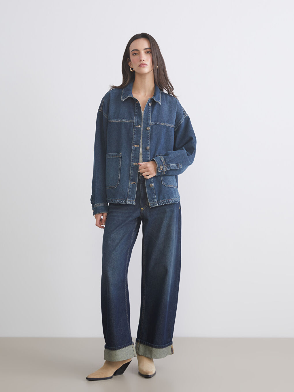 İndigo Oversize Kadın Jean Gömlek Ceket-1