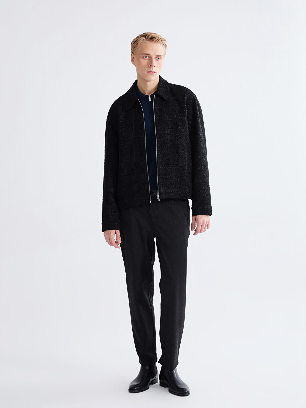 Siyah Standart Kalıp Gömlek Yaka Erkek Kaşe Mont-1