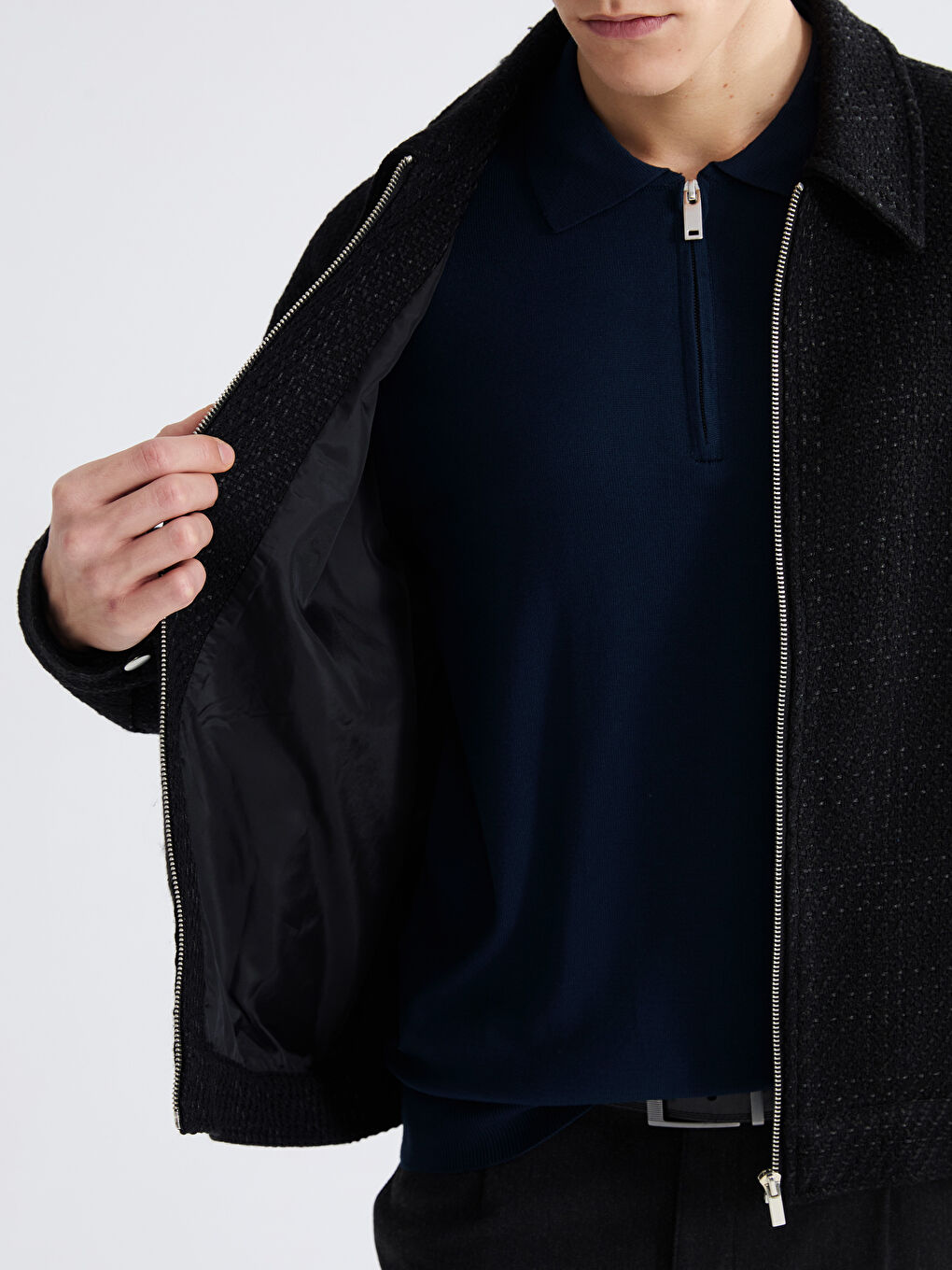 Siyah Standart Kalıp Gömlek Yaka Erkek Kaşe Mont-3