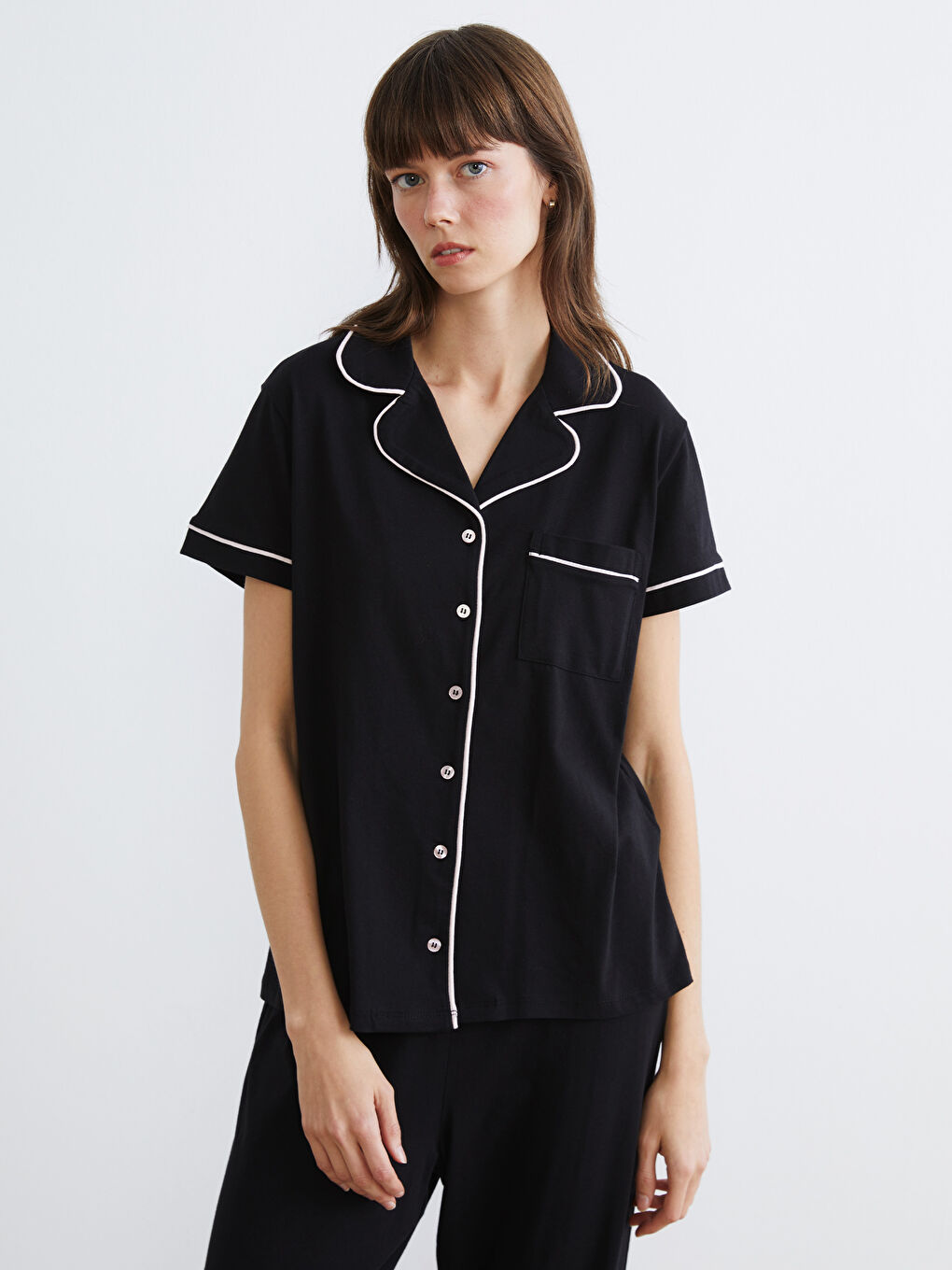 Siyah Gömlek Yaka Kadın Pijama Takımı