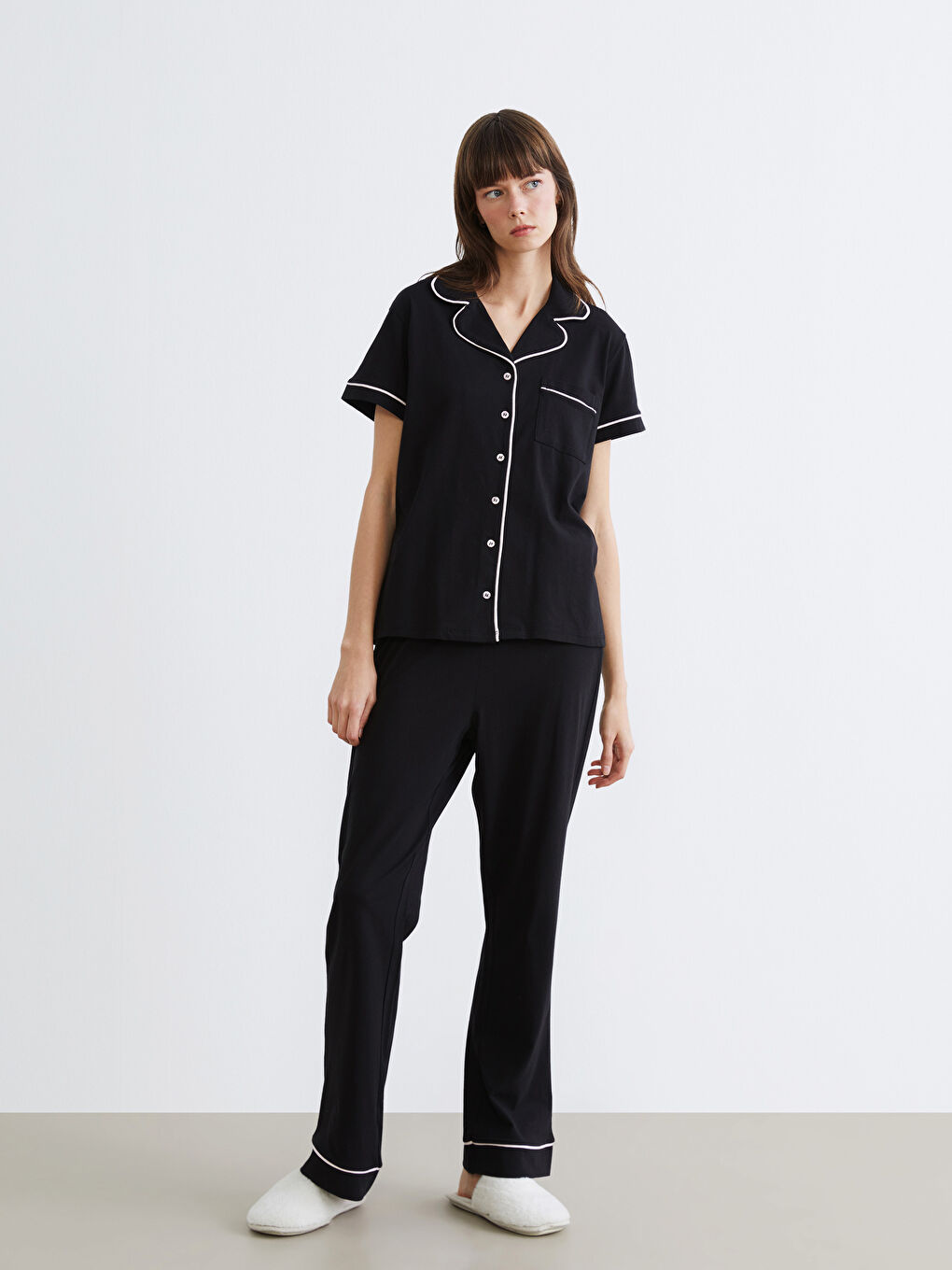 Siyah Gömlek Yaka Kadın Pijama Takımı-1