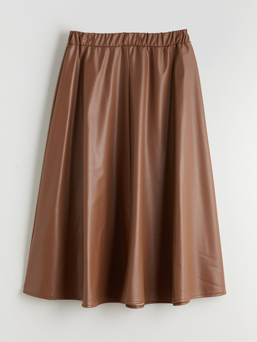Kahverengi Beli Lastikli Deri Görünümlü Kloş Etek-5