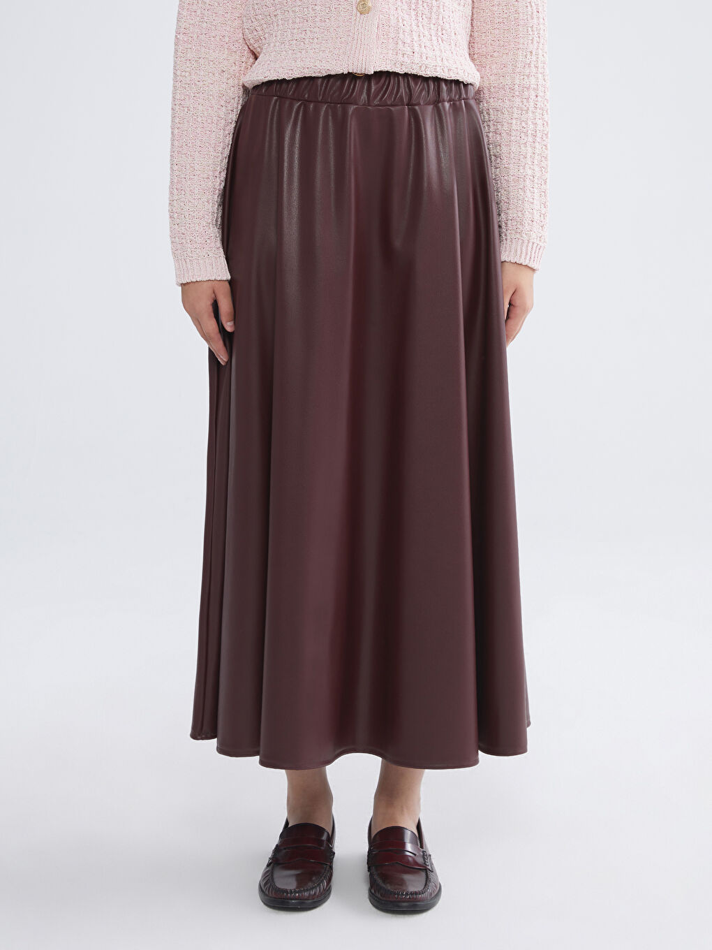 Bordo Beli Lastikli Deri Görünümlü Kloş Etek-3