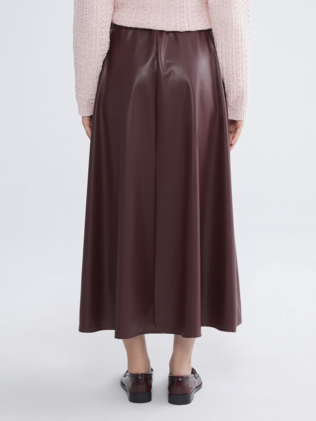 Bordo Beli Lastikli Deri Görünümlü Kloş Etek-7