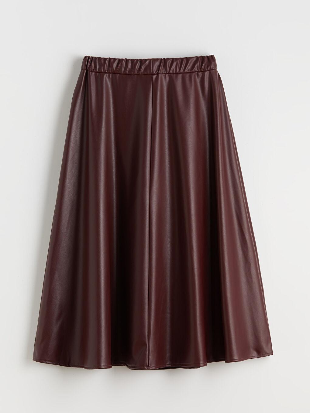 Bordo Beli Lastikli Deri Görünümlü Kloş Etek-9