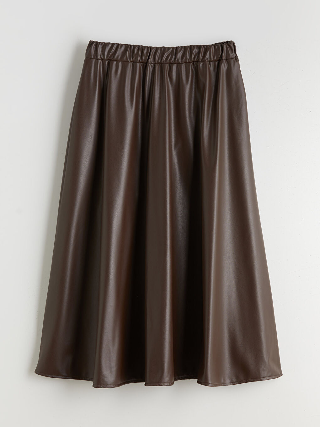 Kahverengi Beli Lastikli Deri Görünümlü Kloş Etek-4