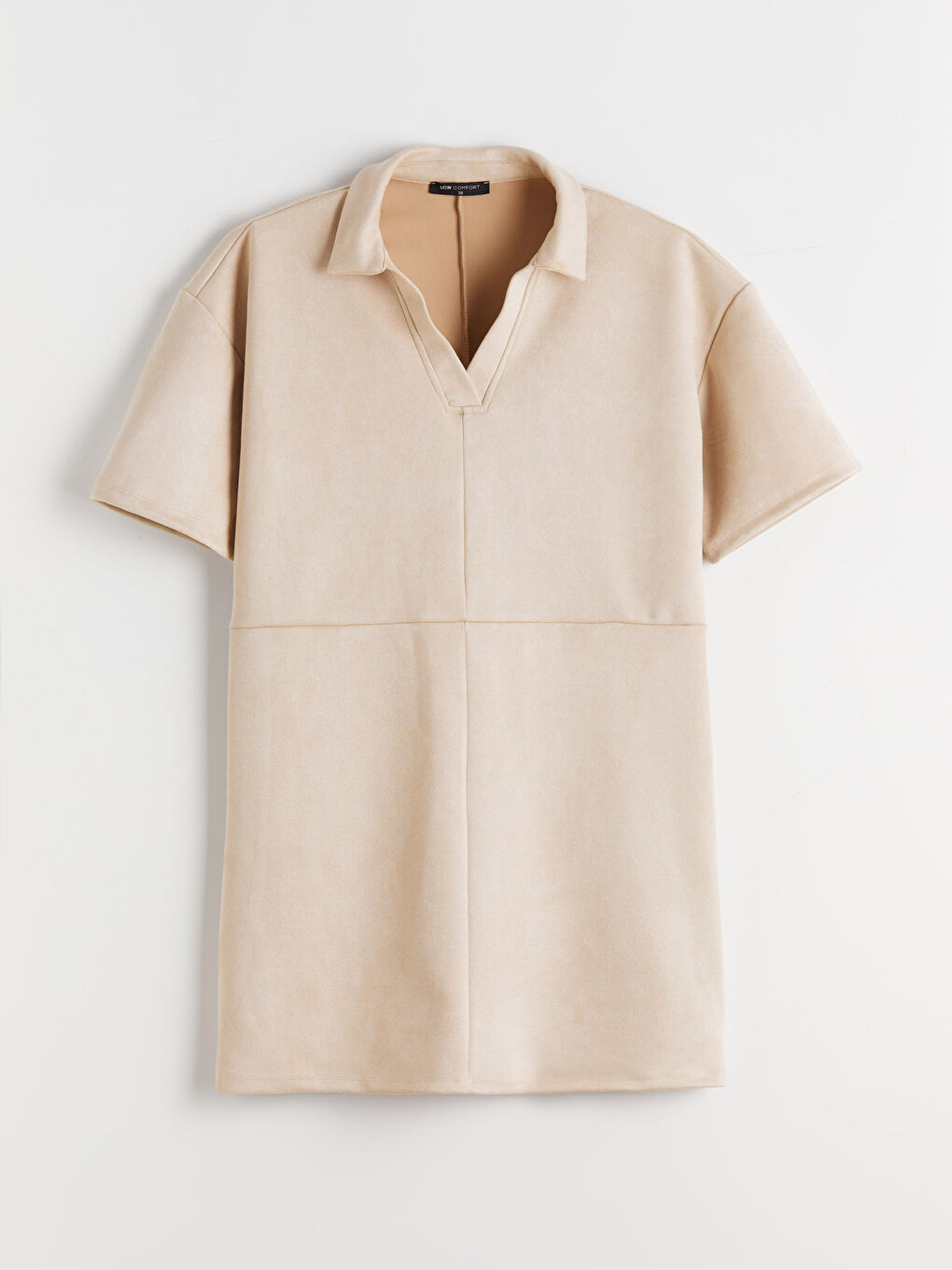 Bej Gömlek Yaka Süet Mini Elbise-4