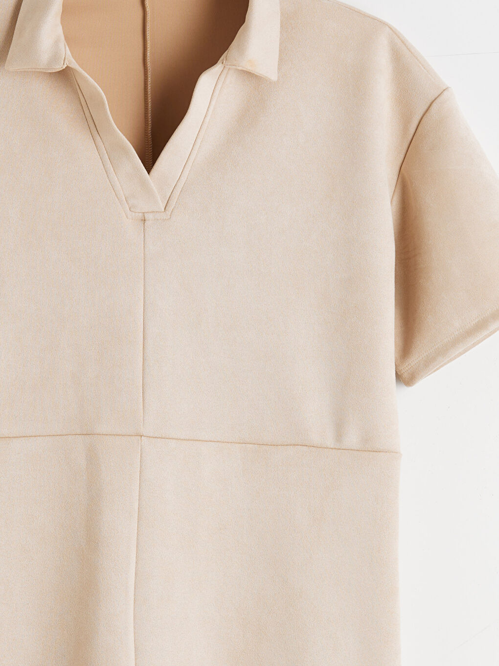 Bej Gömlek Yaka Süet Mini Elbise-5