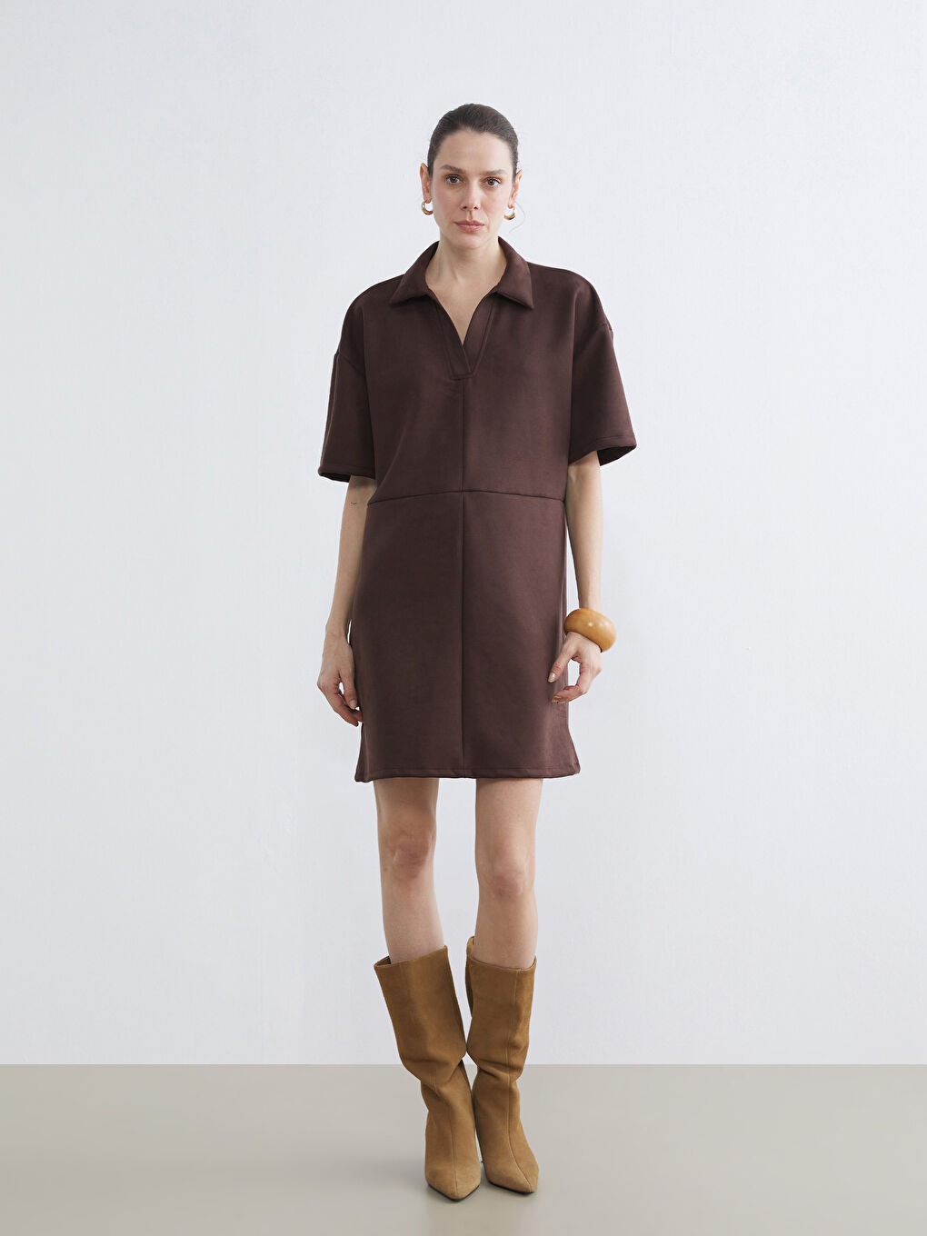 Kahverengi Gömlek Yaka Süet Mini Elbise-1