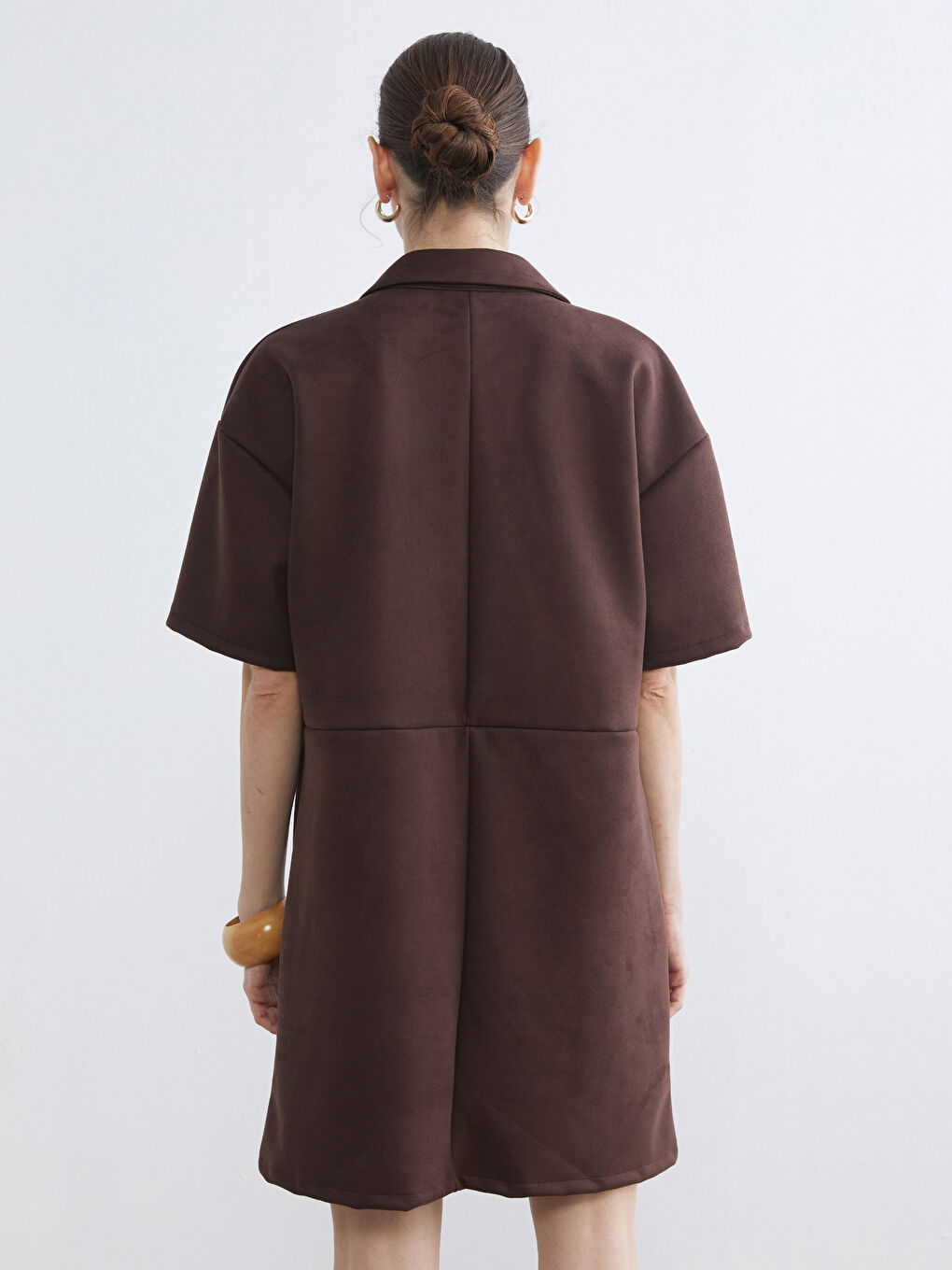 Kahverengi Gömlek Yaka Süet Mini Elbise-3