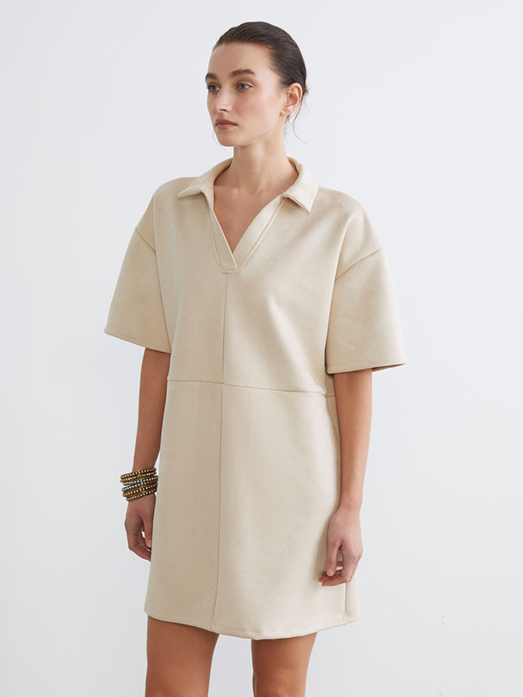 Bej Gömlek Yaka Süet Mini Elbise-1