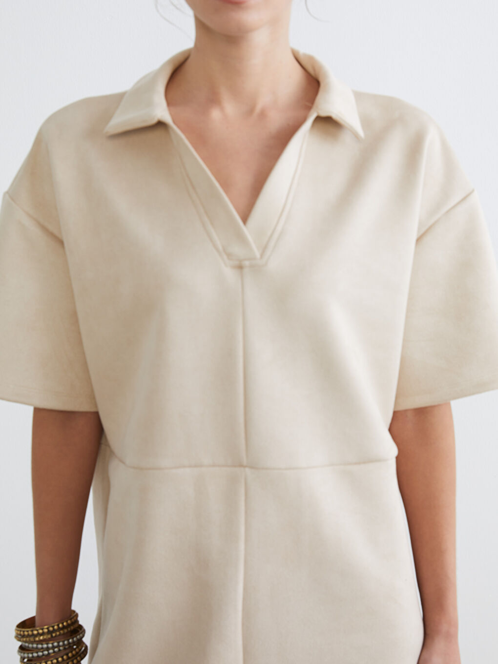 Bej Gömlek Yaka Süet Mini Elbise-2