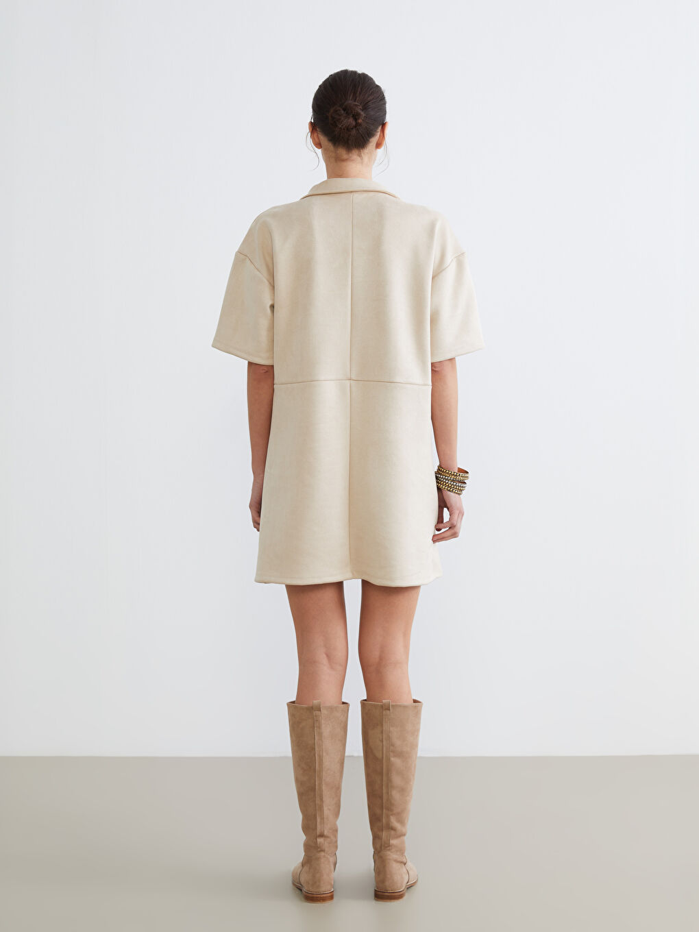 Bej Gömlek Yaka Süet Mini Elbise-3