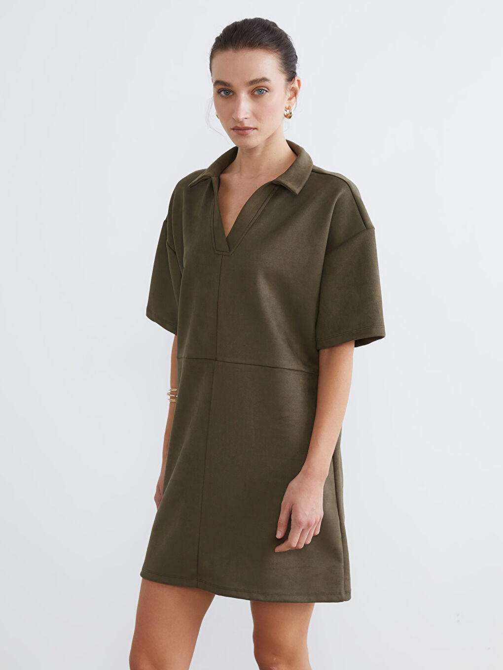 Yeşil Gömlek Yaka Süet Mini Elbise-1