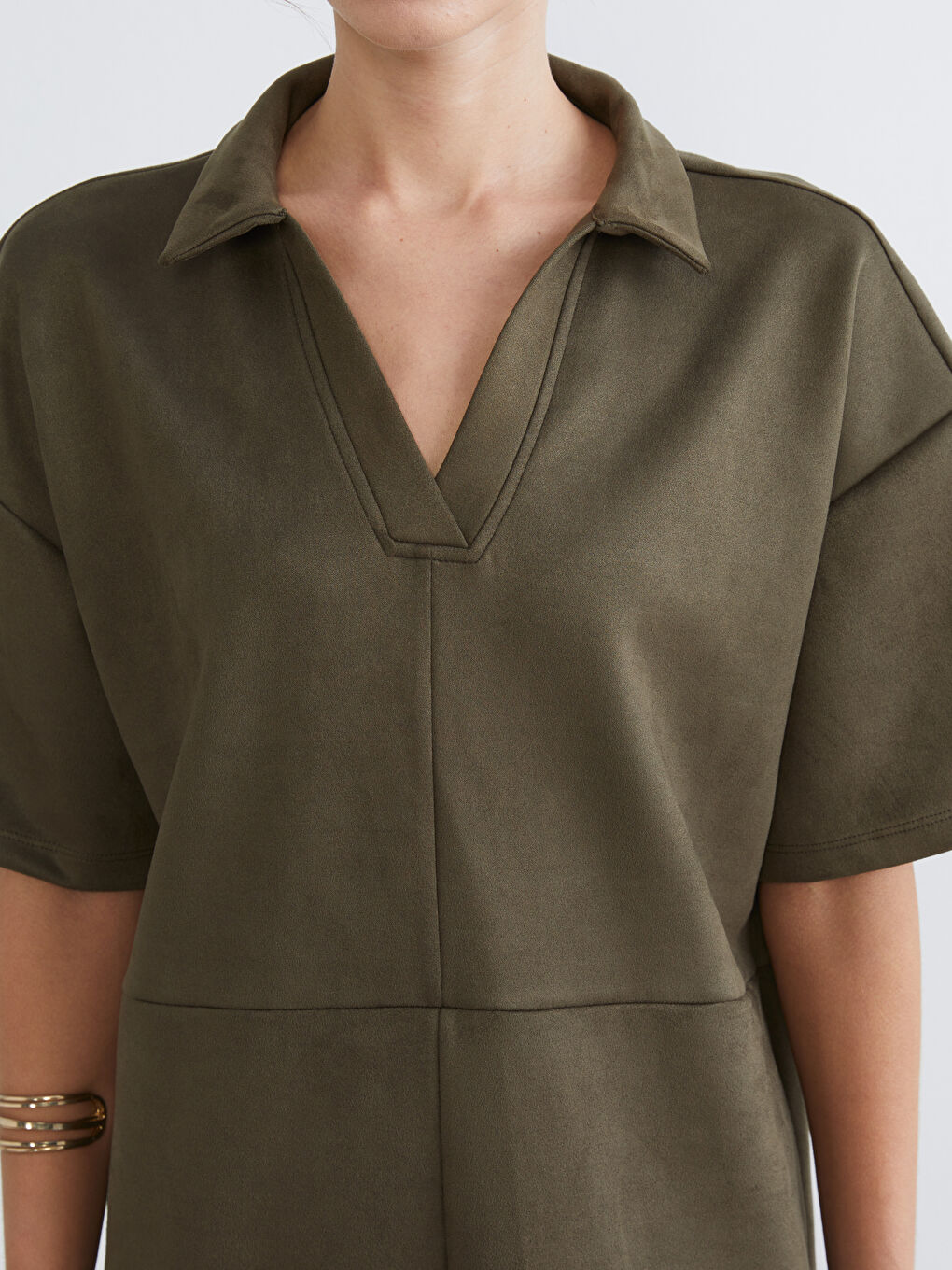 Yeşil Gömlek Yaka Süet Mini Elbise-2