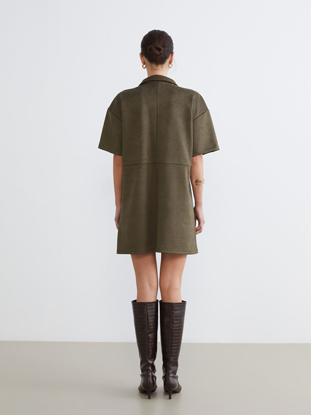 Yeşil Gömlek Yaka Süet Mini Elbise-3