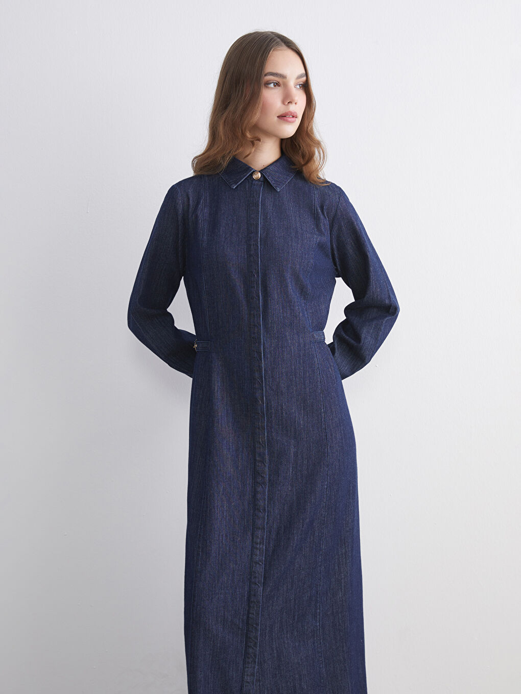 İndigo Gömlek Yaka Jean Elbise-1