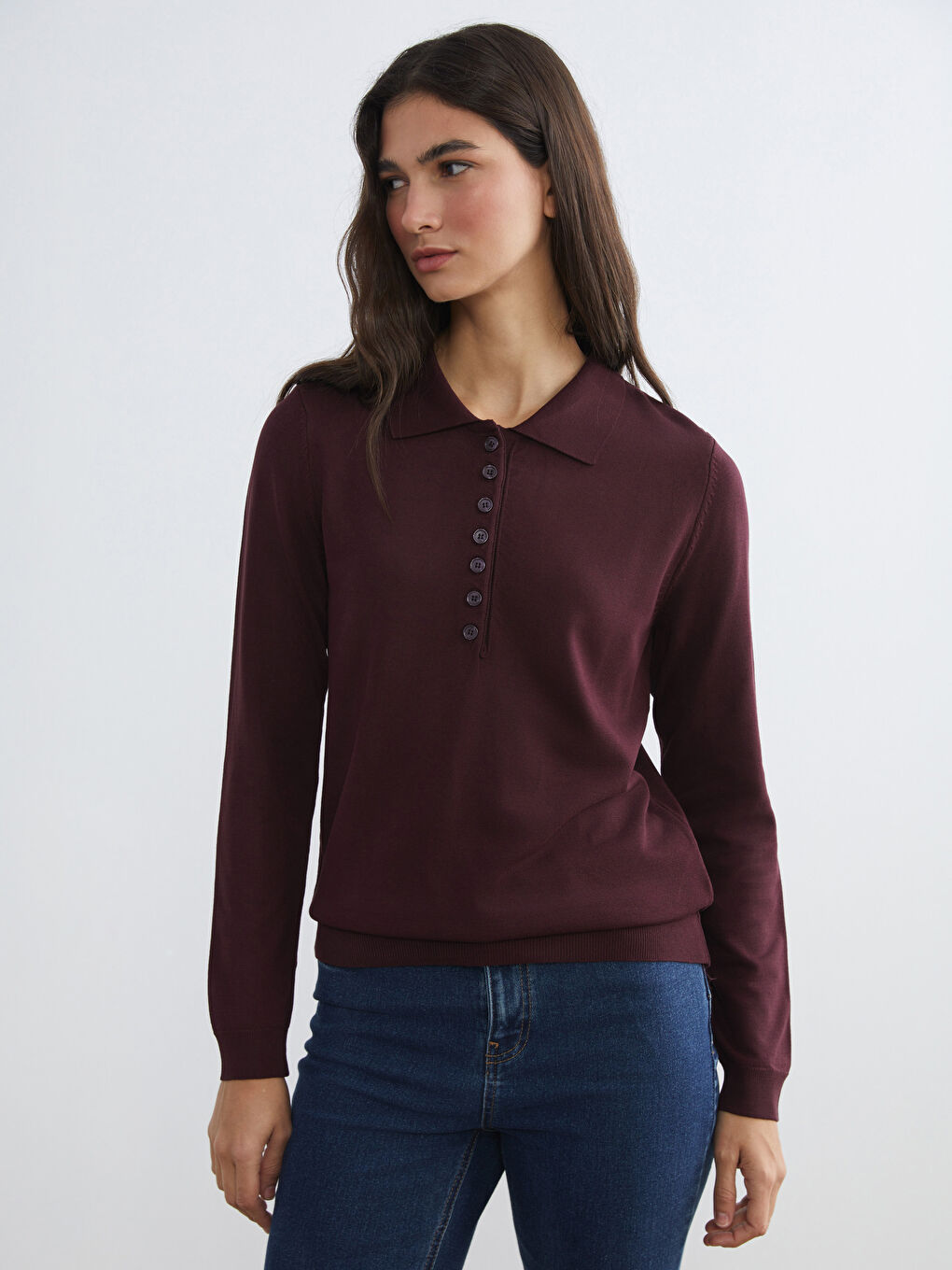 Bordo Polo Yaka Kadın Triko Kazak