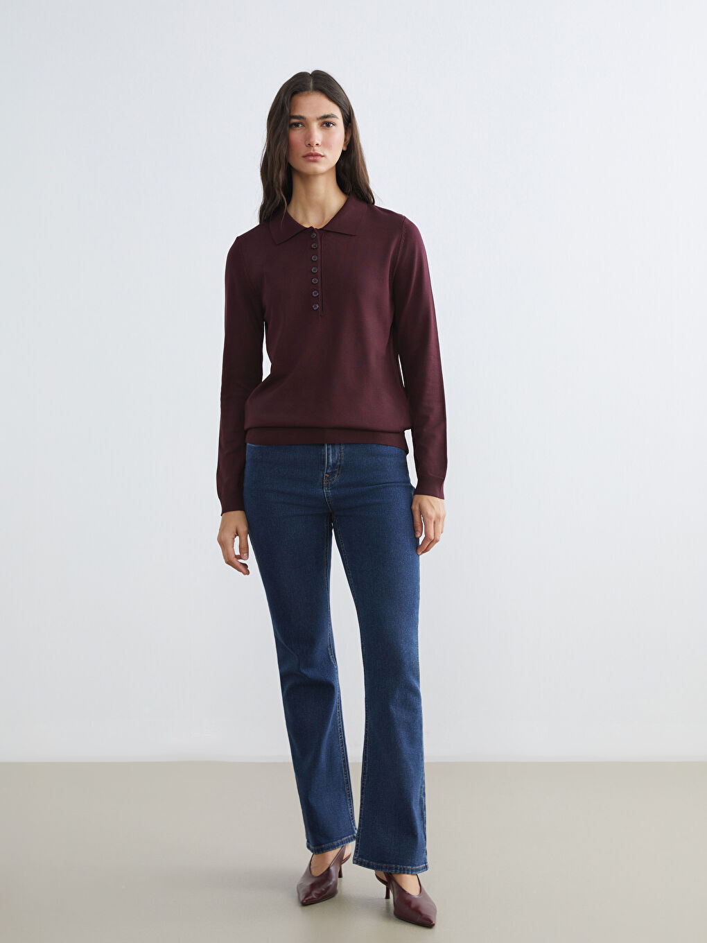 Bordo Polo Yaka Kadın Triko Kazak-1